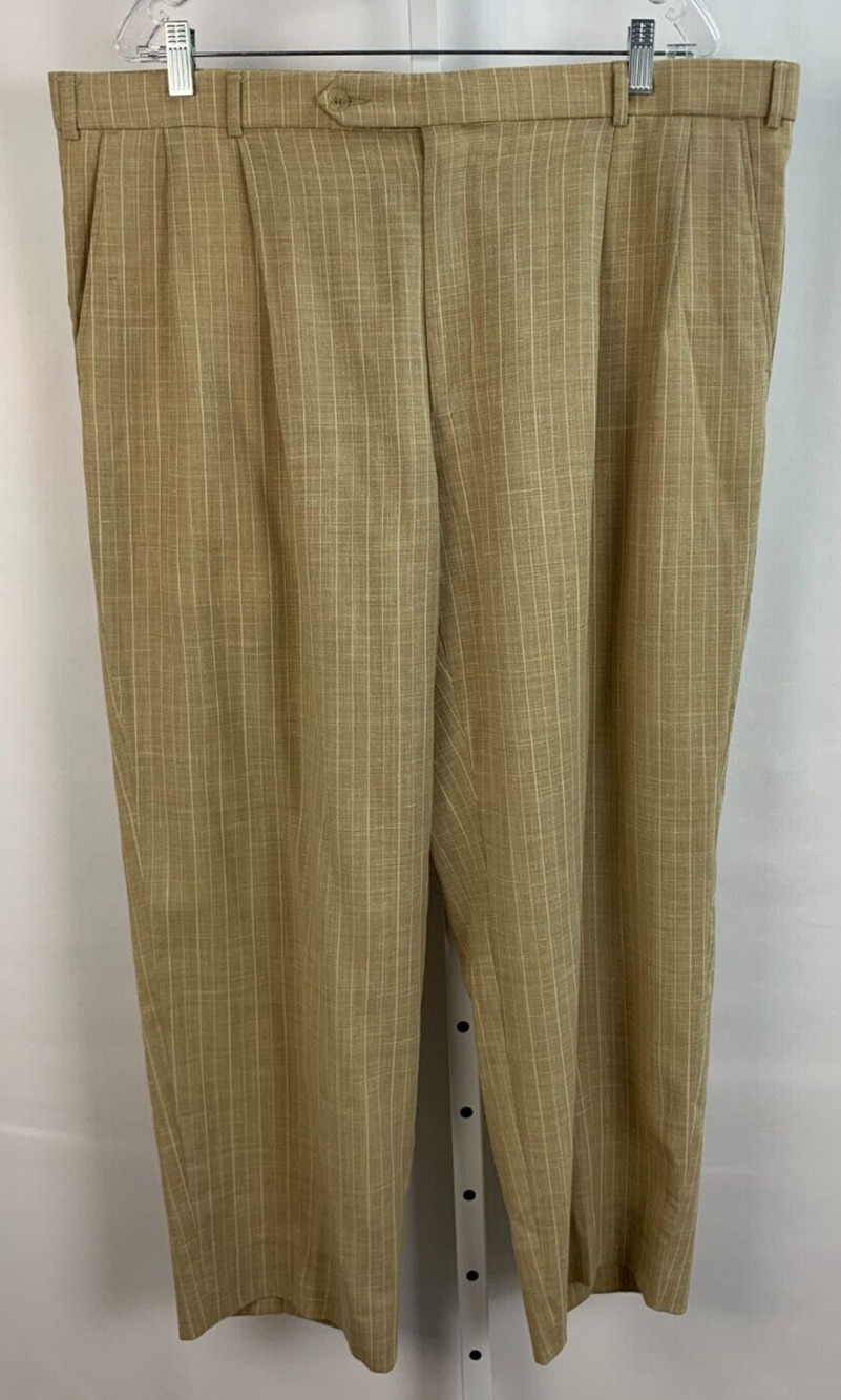 Maus & Hoffman 42 x 27 Tan Cream Pinstripe Pants Pleated Trousers LINEN MENS